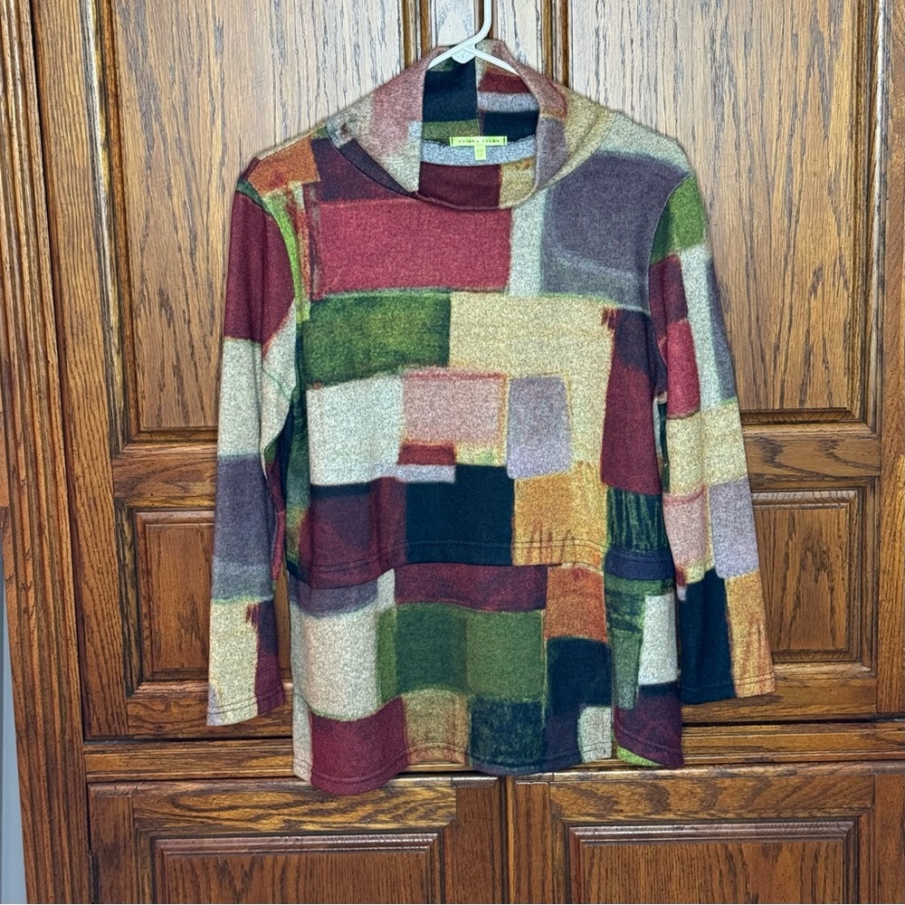 Trisha Tyler Multicolored Brush Knit Abstract Mock Neck Asymmetrical Sweater MP